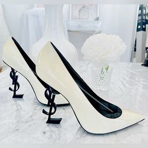 Saint Laurent YSL Logo Opyum Opium 110 Neutro White Black Patent Heel Pump 40